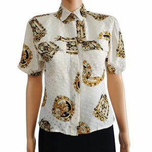 Vintage Maggy London Petites Silk Blouse Short Sleeves Pleated Back Womens 2